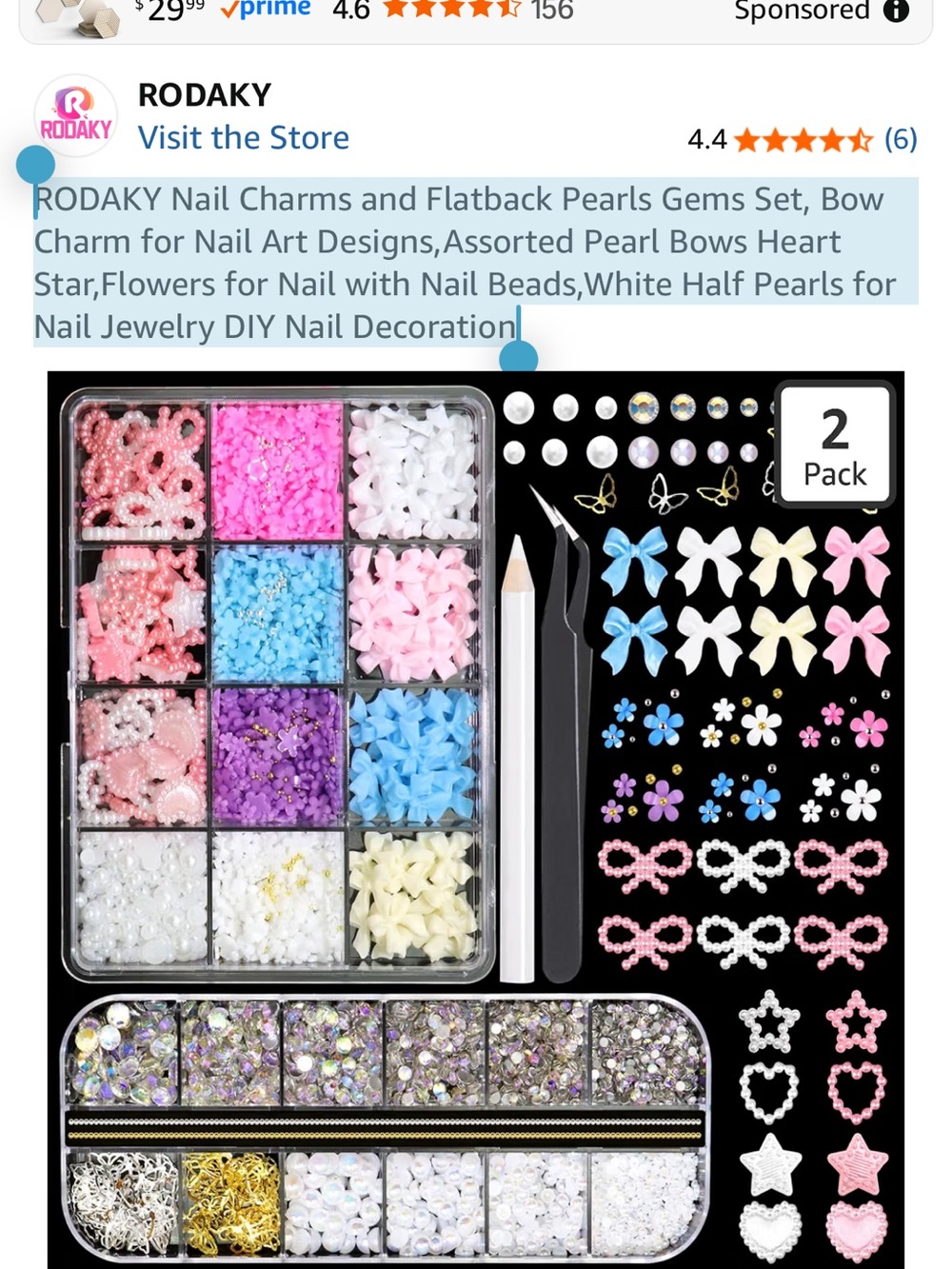 Roda Pink, Blue & White Nail Art Decoration Set with Bows, Pearls & Gems